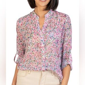 NWT KUT From The Kloth Floral Button-Front Pastel Floral Lightweight Sheer Top